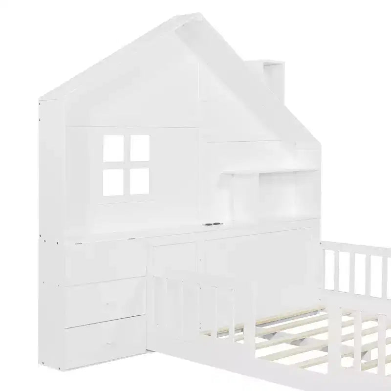 Luxystar Full Size House Platform Bed with Window, 2 Drawers, Shelves and Outlet, White