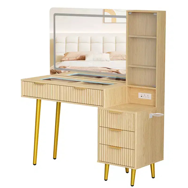 Modern Fluted Vanity Desk with 36 Lighted Mirror, 5 Drawers, 3-Tier Shelves, Charging Station & Glass Top, Wood Makeup Dressing Table for Bedroom