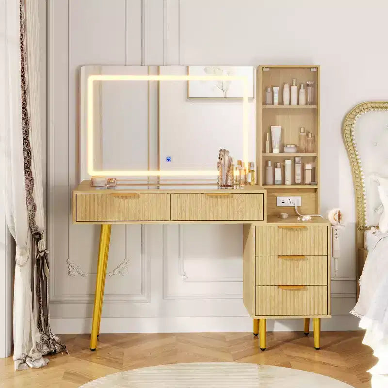 Modern Fluted Vanity Desk with 36 Lighted Mirror, 5 Drawers, 3-Tier Shelves, Charging Station & Glass Top, Wood Makeup Dressing Table for Bedroom