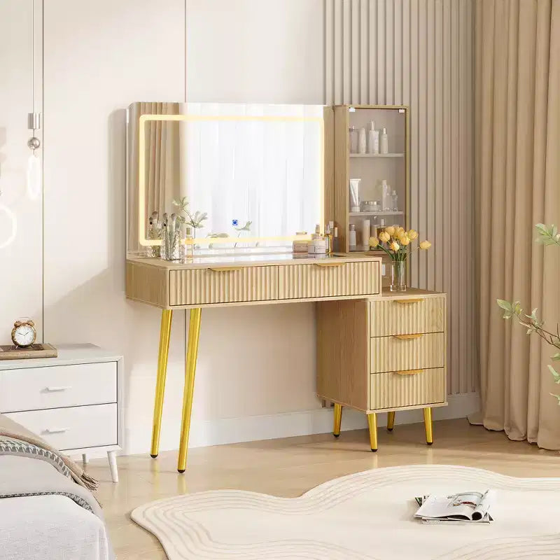 Modern Fluted Vanity Desk with 36 Lighted Mirror, 5 Drawers, 3-Tier Shelves, Charging Station & Glass Top, Wood Makeup Dressing Table for Bedroom