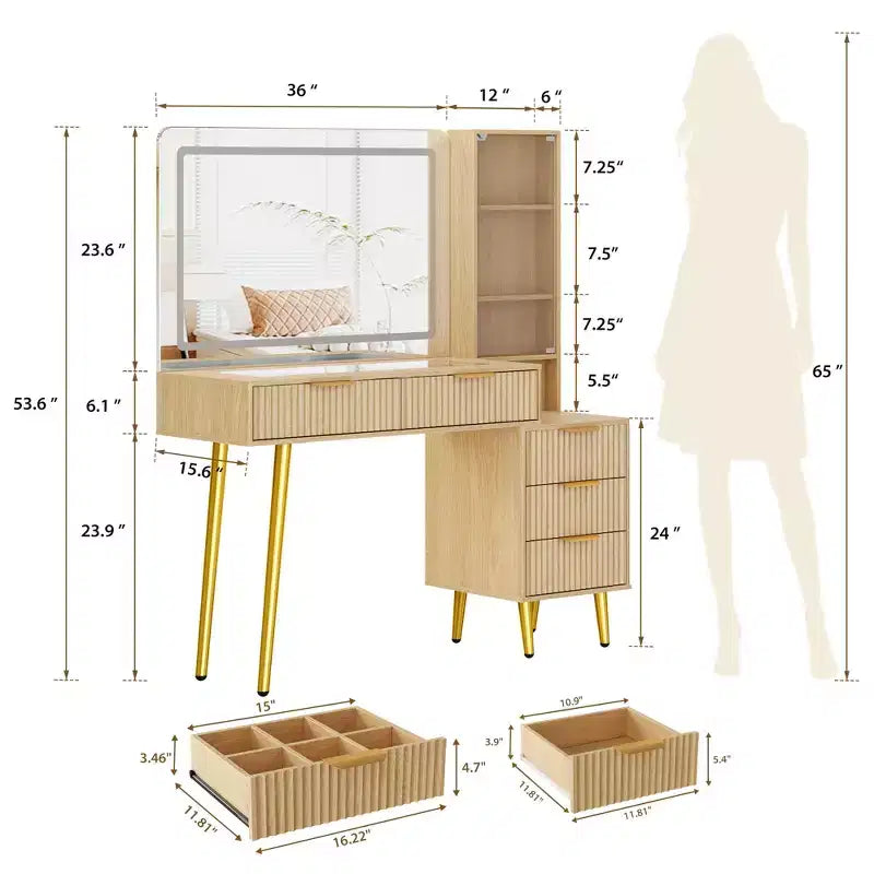 Modern Fluted Vanity Desk with 36 Lighted Mirror, 5 Drawers, 3-Tier Shelves, Charging Station & Glass Top, Wood Makeup Dressing Table for Bedroom