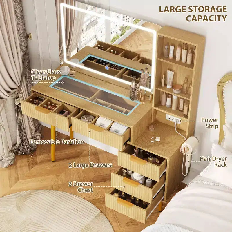 Modern Fluted Vanity Desk with 36 Lighted Mirror, 5 Drawers, 3-Tier Shelves, Charging Station & Glass Top, Wood Makeup Dressing Table for Bedroom