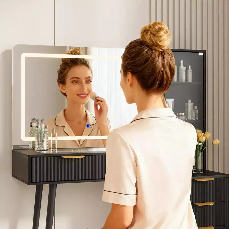 Modern Fluted Vanity Desk with 36 Lighted Mirror, 5 Drawers, 3-Tier Shelves, Charging Station & Glass Top, Wood Makeup Dressing Table for Bedroom
