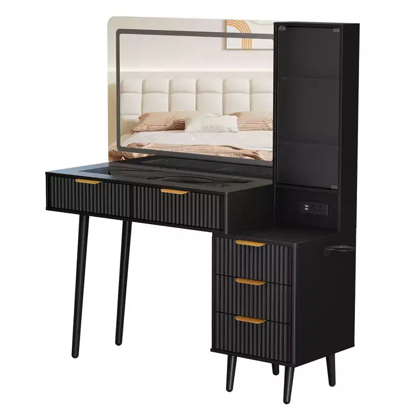 Modern Fluted Vanity Desk with 36 Lighted Mirror, 5 Drawers, 3-Tier Shelves, Charging Station & Glass Top, Wood Makeup Dressing Table for Bedroom