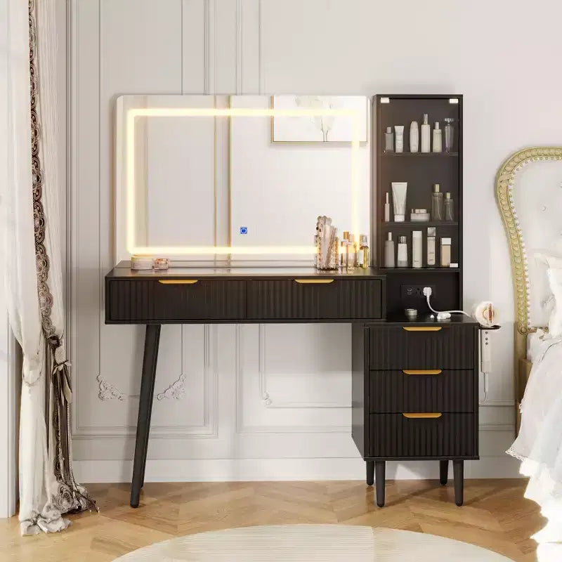 Modern Fluted Vanity Desk with 36 Lighted Mirror, 5 Drawers, 3-Tier Shelves, Charging Station & Glass Top, Wood Makeup Dressing Table for Bedroom