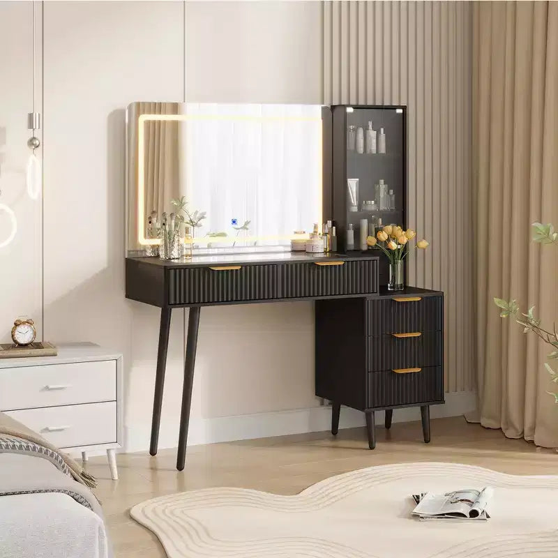Modern Fluted Vanity Desk with 36 Lighted Mirror, 5 Drawers, 3-Tier Shelves, Charging Station & Glass Top, Wood Makeup Dressing Table for Bedroom