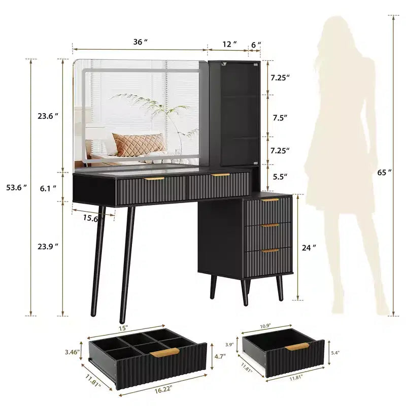 Modern Fluted Vanity Desk with 36 Lighted Mirror, 5 Drawers, 3-Tier Shelves, Charging Station & Glass Top, Wood Makeup Dressing Table for Bedroom