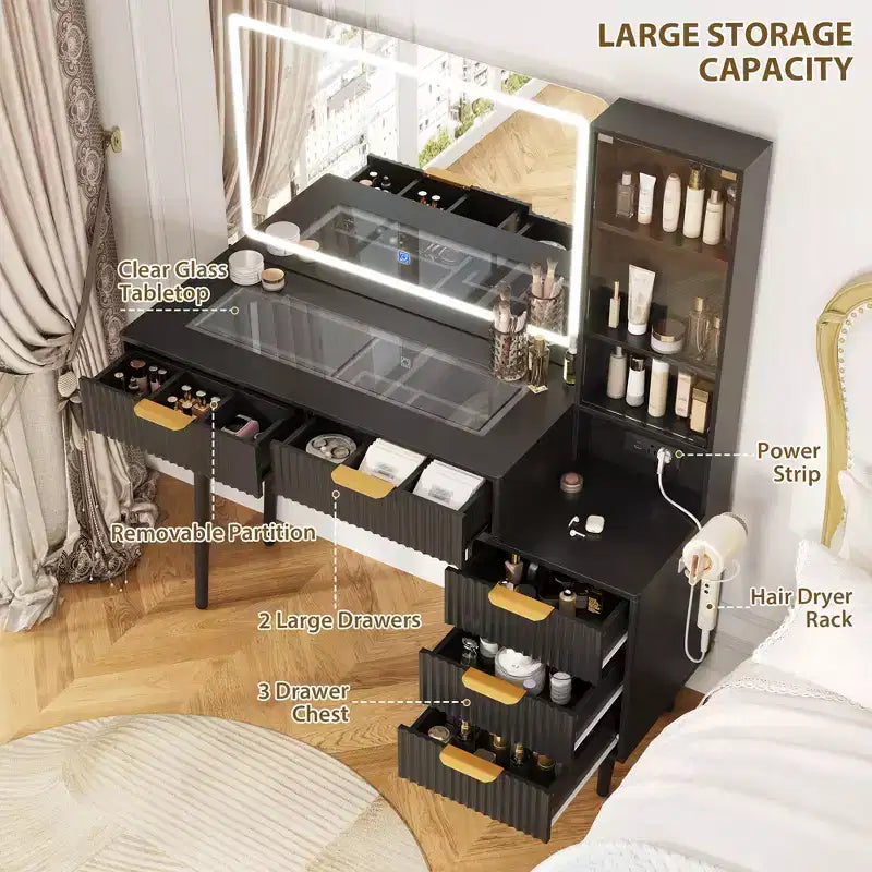 Modern Fluted Vanity Desk with 36 Lighted Mirror, 5 Drawers, 3-Tier Shelves, Charging Station & Glass Top, Wood Makeup Dressing Table for Bedroom