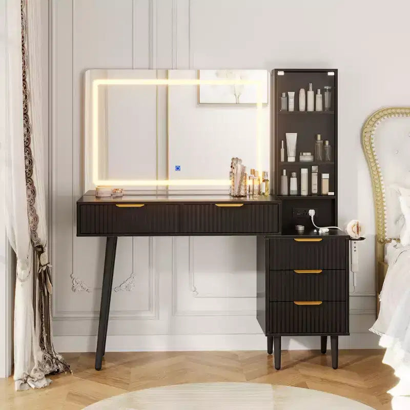 Modern Fluted Vanity Desk with 36 Lighted Mirror, 5 Drawers, 3-Tier Shelves, Charging Station & Glass Top, Wood Makeup Dressing Table for Bedroom