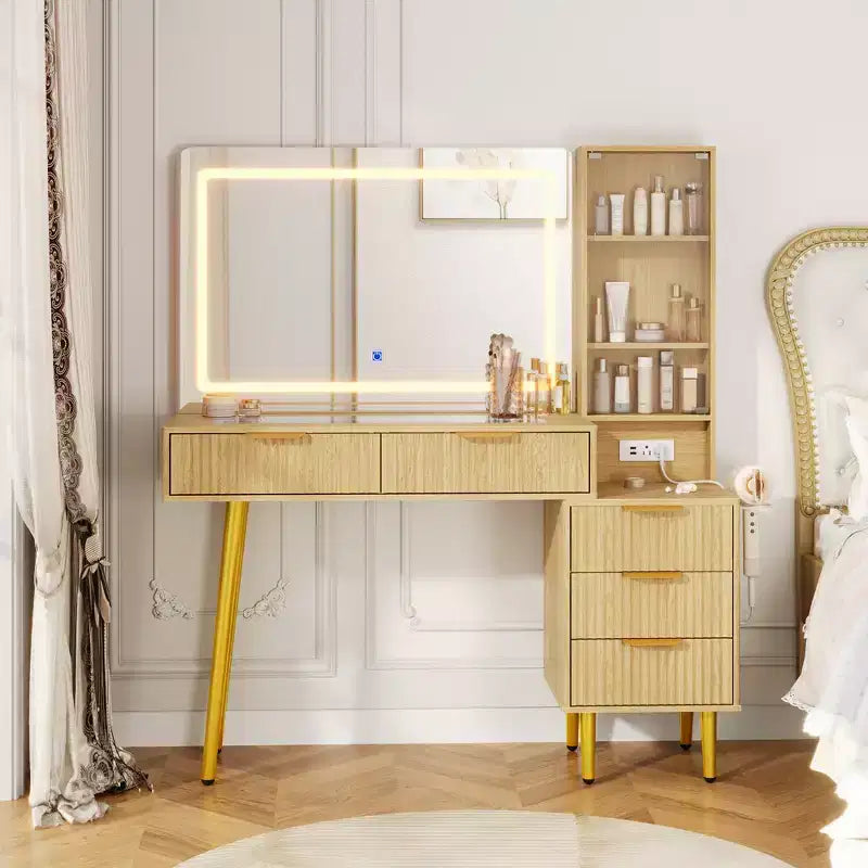 Modern Fluted Vanity Desk with 36 Lighted Mirror, 5 Drawers, 3-Tier Shelves, Charging Station & Glass Top, Wood Makeup Dressing Table for Bedroom