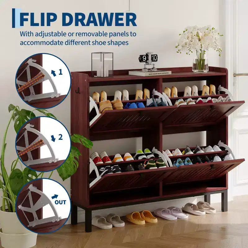 4-Door Flip Front Shoe Cabinet with Adjustable Shelves, Hidden Entryway Storage Organizer for Hallway, Living Room, Shoe Rack with Large Capacity