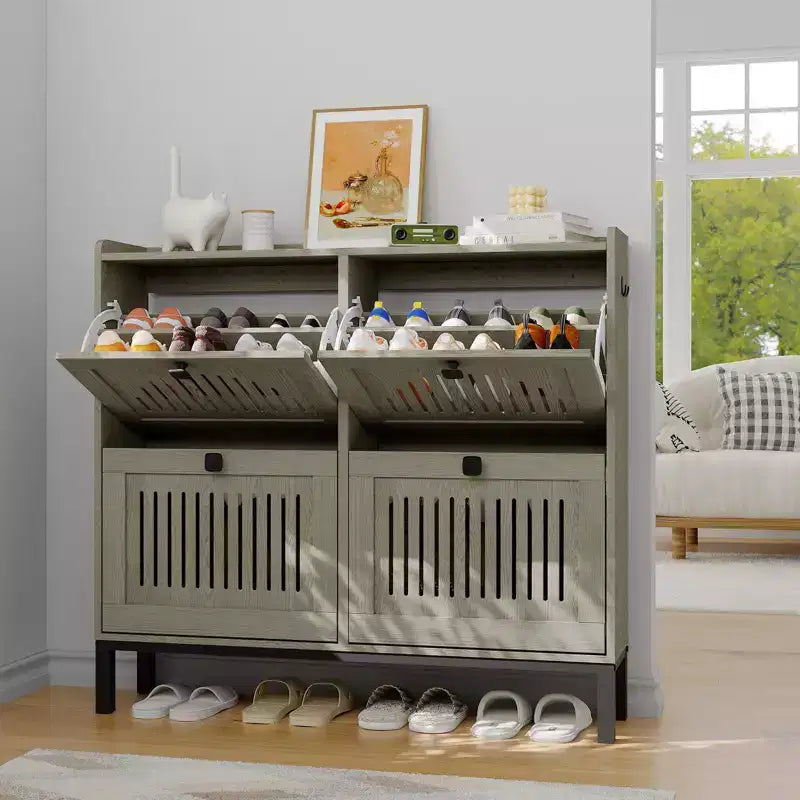 4-Door Flip Front Shoe Cabinet with Adjustable Shelves, Hidden Entryway Storage Organizer for Hallway, Living Room, Shoe Rack with Large Capacity