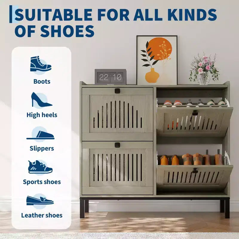 4-Door Flip Front Shoe Cabinet with Adjustable Shelves, Hidden Entryway Storage Organizer for Hallway, Living Room, Shoe Rack with Large Capacity