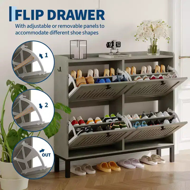 4-Door Flip Front Shoe Cabinet with Adjustable Shelves, Hidden Entryway Storage Organizer for Hallway, Living Room, Shoe Rack with Large Capacity