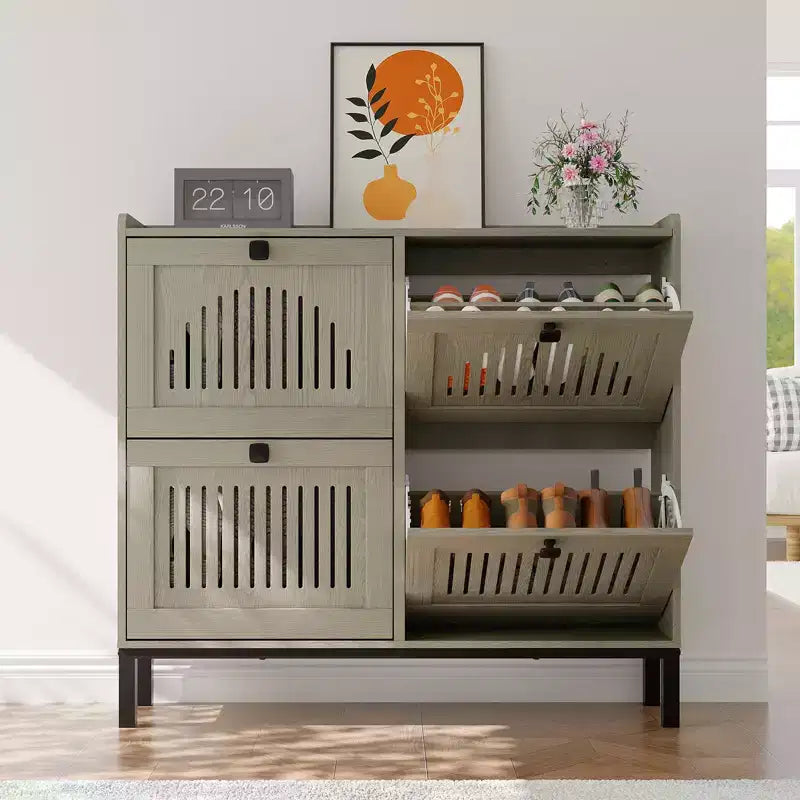 4-Door Flip Front Shoe Cabinet with Adjustable Shelves, Hidden Entryway Storage Organizer for Hallway, Living Room, Shoe Rack with Large Capacity