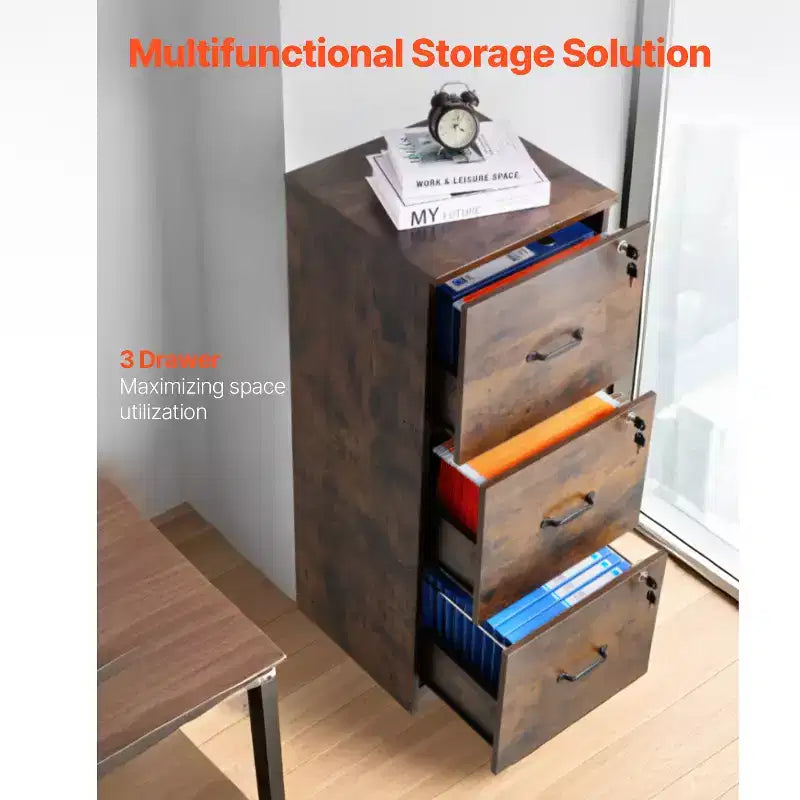 VEVOR 3 Drawer File Cabinet with Lock, Vertical Filing Storage Cabinets for Home Office, with 2-Level Adjustable Hanging Rod, Brown
