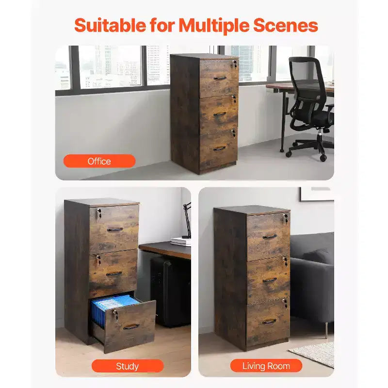 VEVOR 3 Drawer File Cabinet with Lock, Vertical Filing Storage Cabinets for Home Office, with 2-Level Adjustable Hanging Rod, Brown