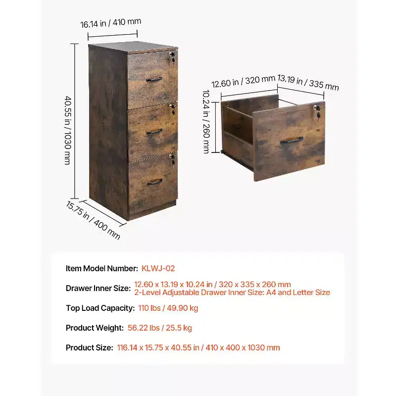 VEVOR 3 Drawer File Cabinet with Lock, Vertical Filing Storage Cabinets for Home Office, with 2-Level Adjustable Hanging Rod, Brown