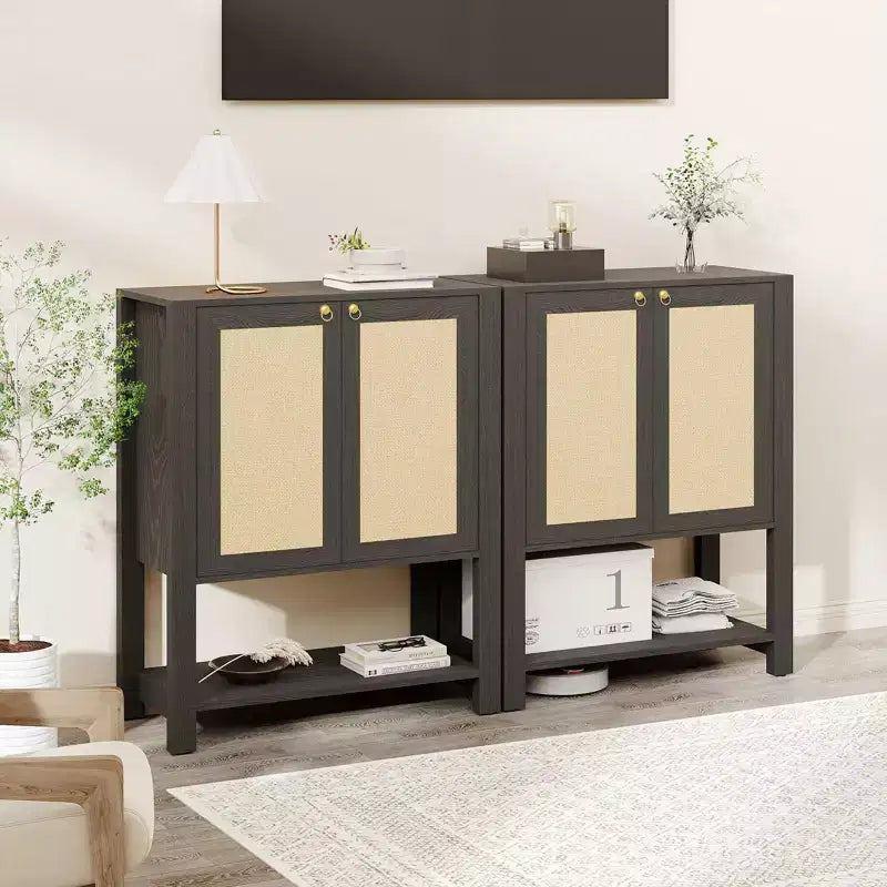 Farmhouse Rattan Entryway Shoe Cabinet 40-Inch Tall, Adjustable Shelves, Open Shelf, Narrow Freestanding Shoe Storage for Hallway