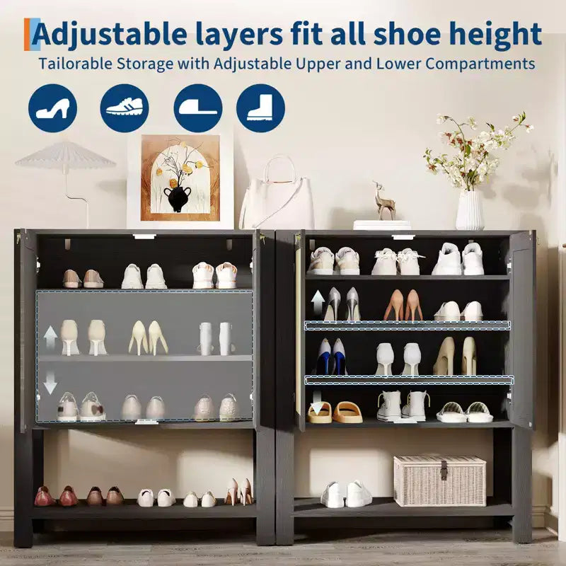 Farmhouse Rattan Entryway Shoe Cabinet 40-Inch Tall, Adjustable Shelves, Open Shelf, Narrow Freestanding Shoe Storage for Hallway
