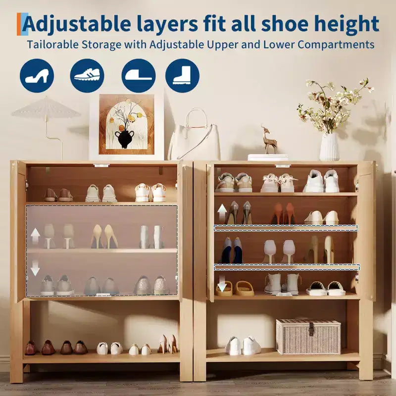 Farmhouse Rattan Entryway Shoe Cabinet 40-Inch Tall, Adjustable Shelves, Open Shelf, Narrow Freestanding Shoe Storage for Hallway
