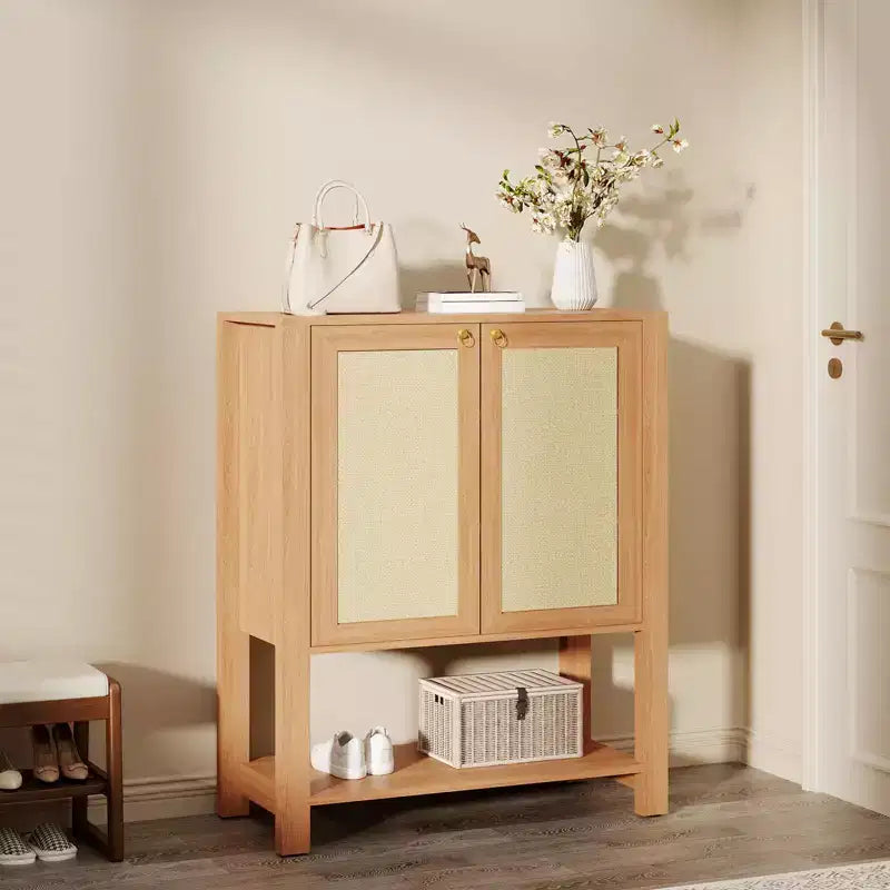 Farmhouse Rattan Entryway Shoe Cabinet 40-Inch Tall, Adjustable Shelves, Open Shelf, Narrow Freestanding Shoe Storage for Hallway