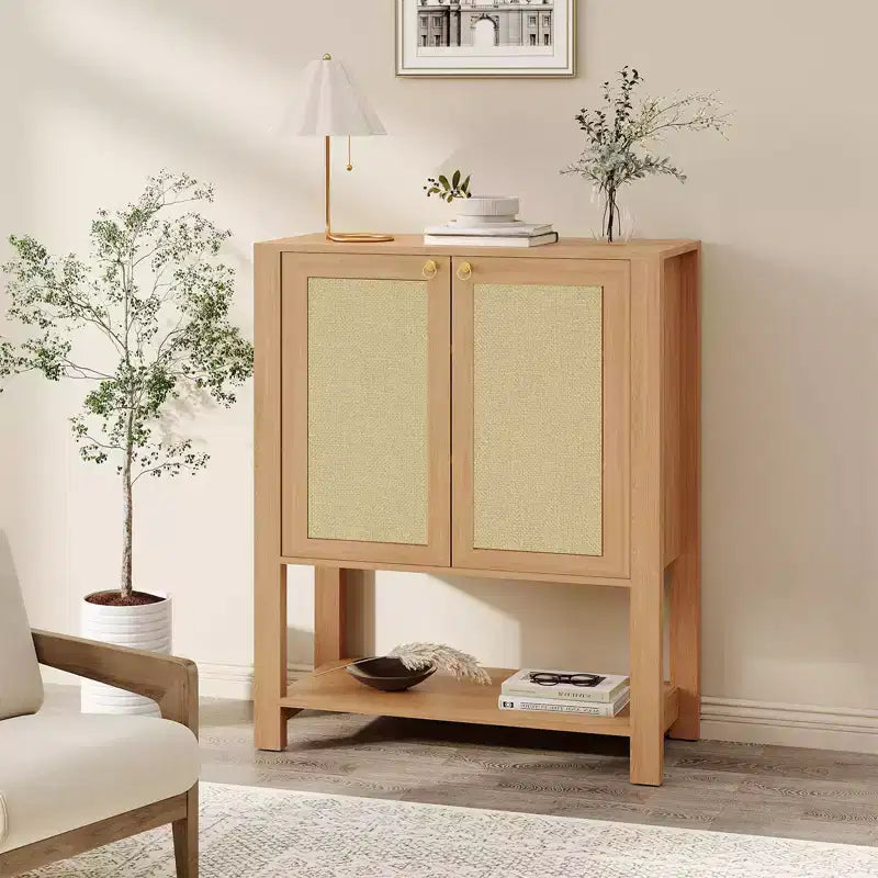 Farmhouse Rattan Entryway Shoe Cabinet 40-Inch Tall, Adjustable Shelves, Open Shelf, Narrow Freestanding Shoe Storage for Hallway