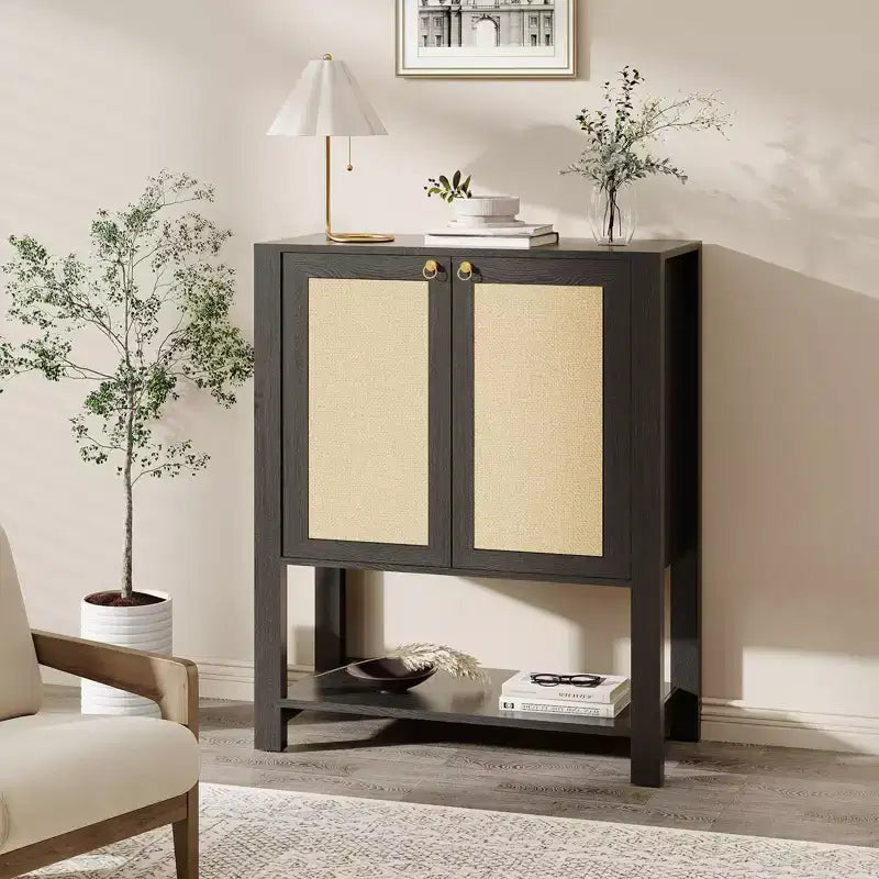 Farmhouse Rattan Entryway Shoe Cabinet 40-Inch Tall, Adjustable Shelves, Open Shelf, Narrow Freestanding Shoe Storage for Hallway