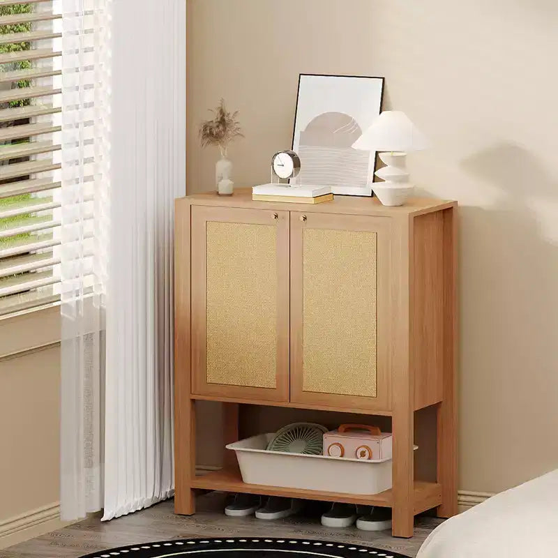 Farmhouse Rattan Entryway Shoe Cabinet 40-Inch Tall, Adjustable Shelves, Open Shelf, Narrow Freestanding Shoe Storage for Hallway