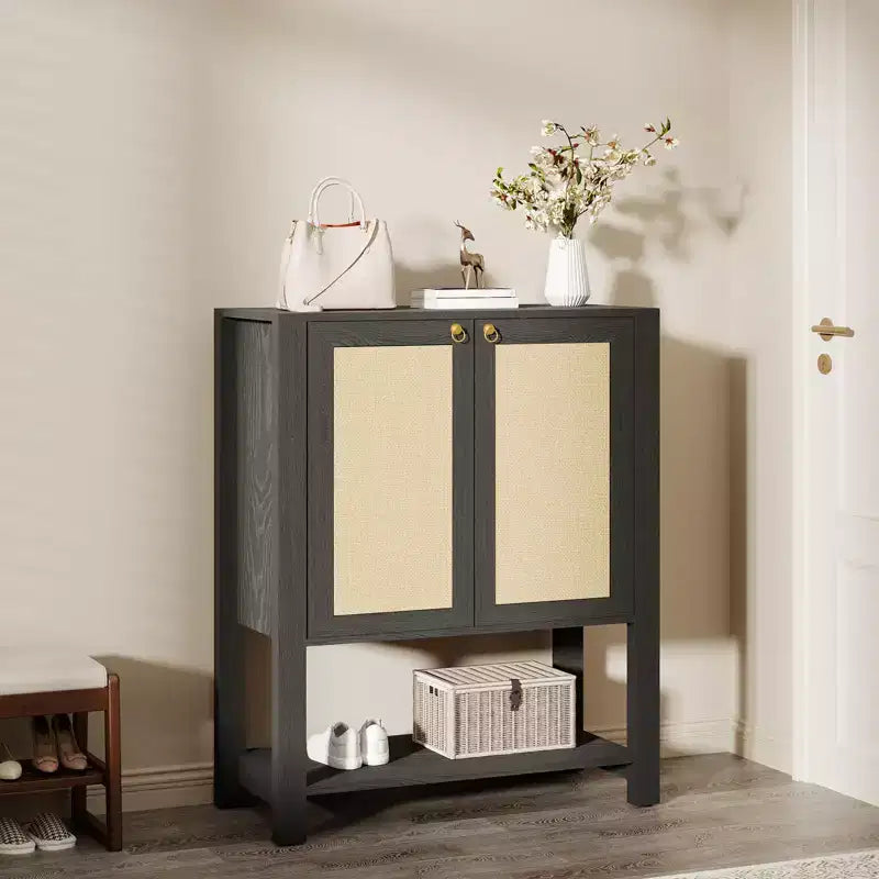 Farmhouse Rattan Entryway Shoe Cabinet 40-Inch Tall, Adjustable Shelves, Open Shelf, Narrow Freestanding Shoe Storage for Hallway
