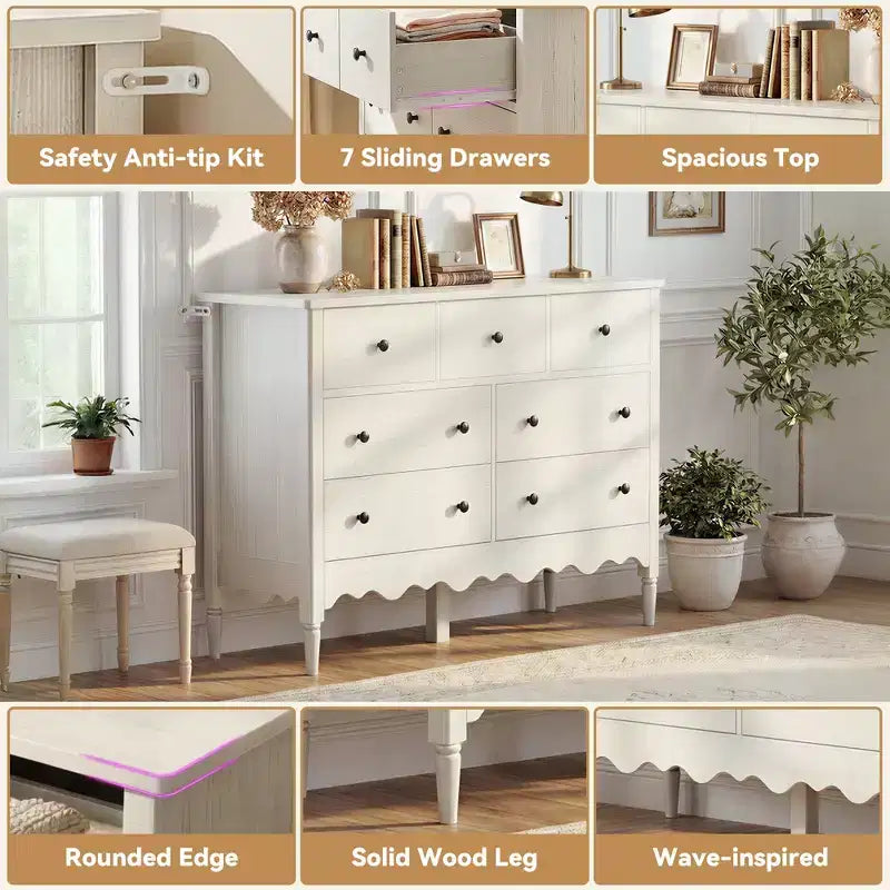 Besiost 47 Wide Wood 7 Drawers Cabinet for Badroom, Farmhouse Closet Dresser