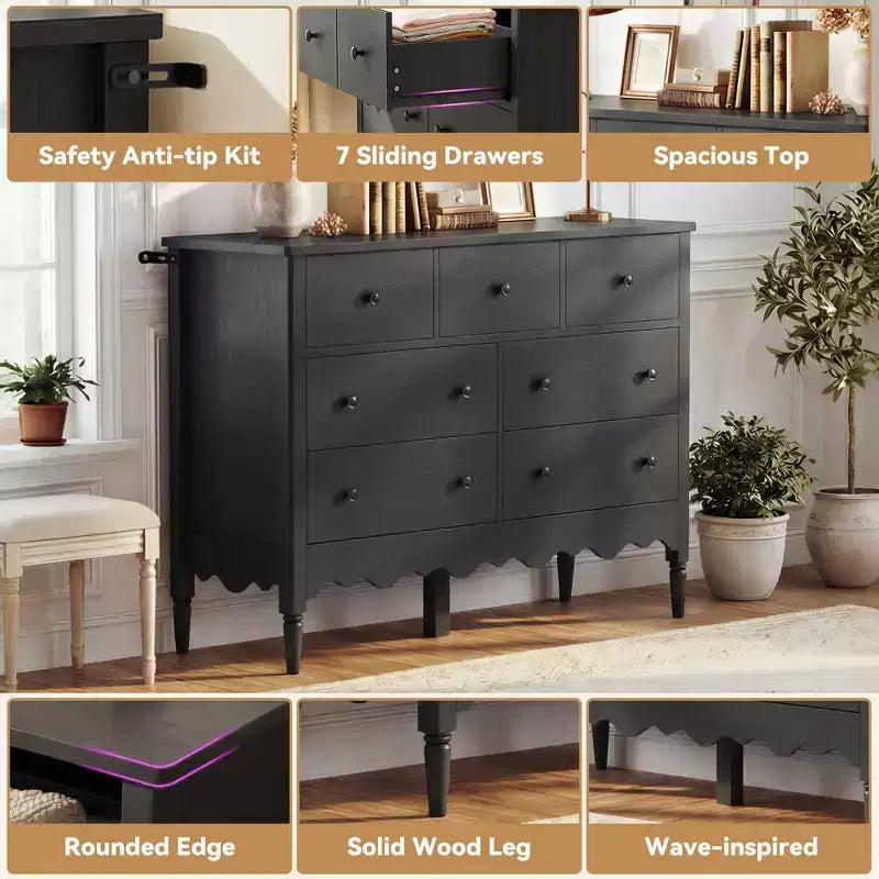 Besiost 47 Wide Wood 7 Drawers Cabinet for Badroom, Farmhouse Closet Dresser