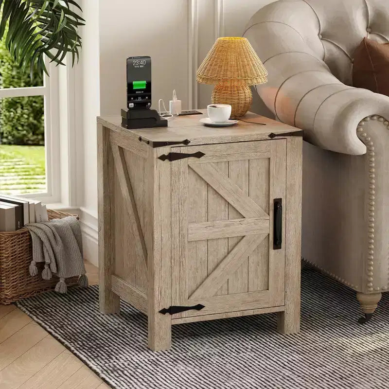 COZONY 18 Rustic Bedside Table with Sliding Barn Door, Adjustable Shelf End Table for Bedroom