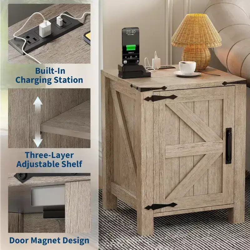 COZONY 18 Rustic Bedside Table with Sliding Barn Door, Adjustable Shelf End Table for Bedroom