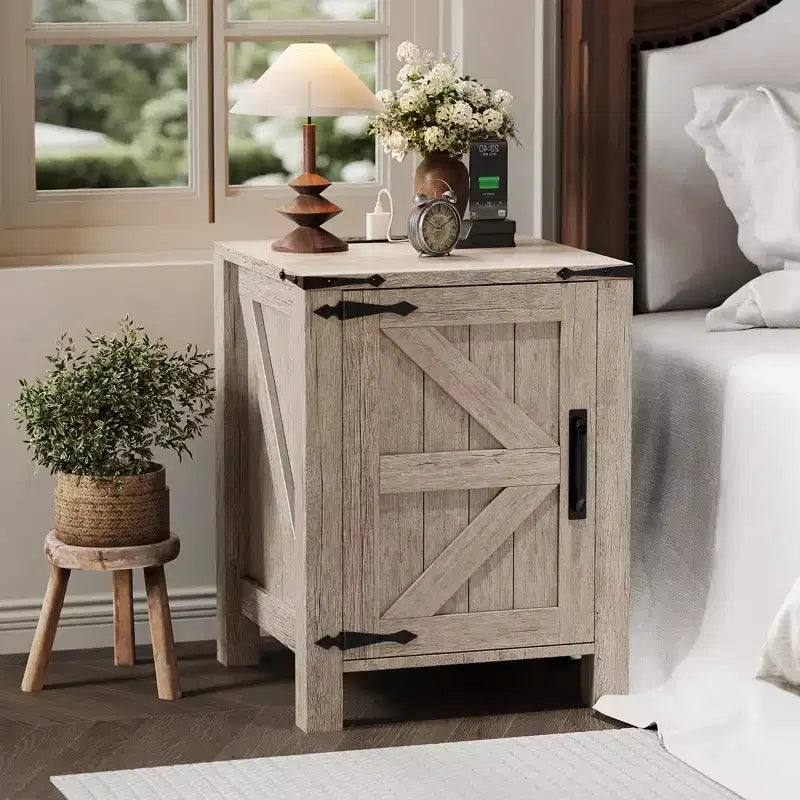 COZONY 18 Rustic Bedside Table with Sliding Barn Door, Adjustable Shelf End Table for Bedroom