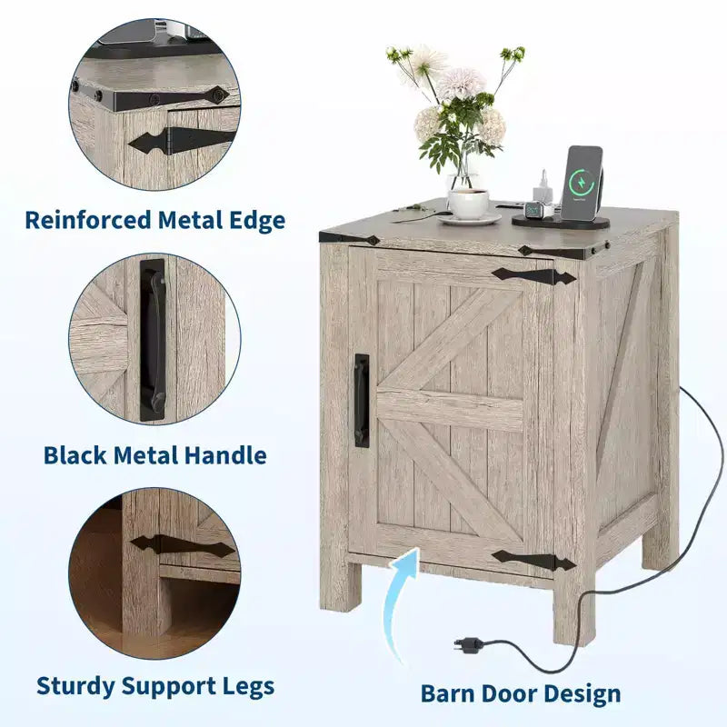 COZONY 18 Rustic Bedside Table with Sliding Barn Door, Adjustable Shelf End Table for Bedroom