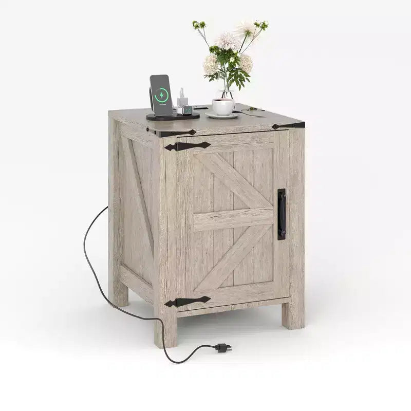 COZONY 18 Rustic Bedside Table with Sliding Barn Door, Adjustable Shelf End Table for Bedroom