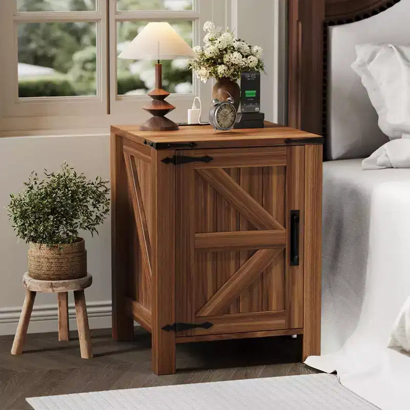 COZONY 18 Rustic Bedside Table with Sliding Barn Door, Adjustable Shelf End Table for Bedroom