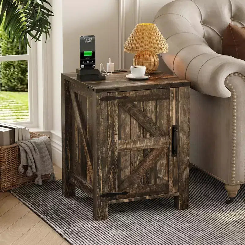 COZONY 18 Rustic Bedside Table with Sliding Barn Door, Adjustable Shelf End Table for Bedroom