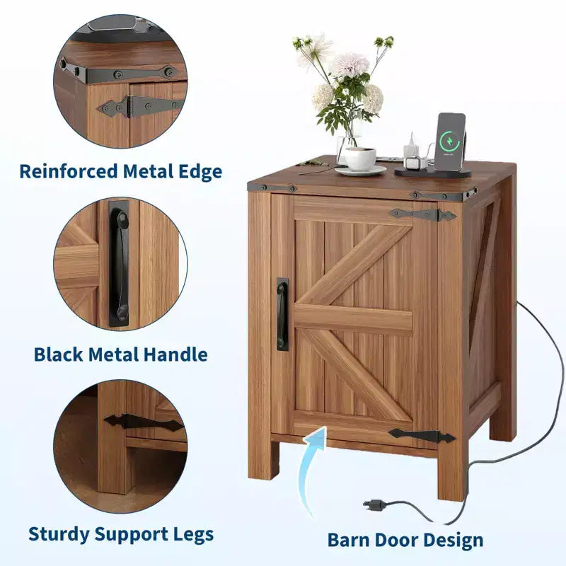 COZONY 18 Rustic Bedside Table with Sliding Barn Door, Adjustable Shelf End Table for Bedroom