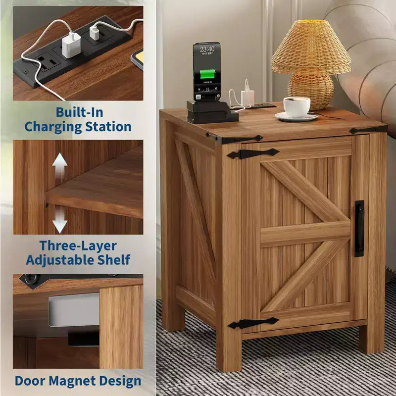 COZONY 18 Rustic Bedside Table with Sliding Barn Door, Adjustable Shelf End Table for Bedroom