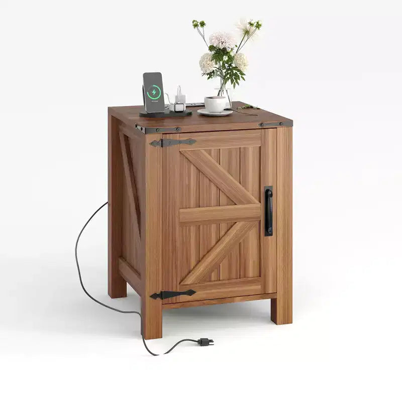COZONY 18 Rustic Bedside Table with Sliding Barn Door, Adjustable Shelf End Table for Bedroom