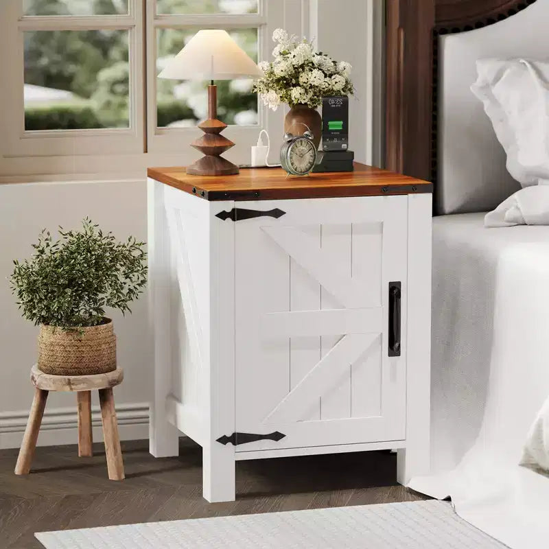COZONY 18 Rustic Bedside Table with Sliding Barn Door, Adjustable Shelf End Table for Bedroom