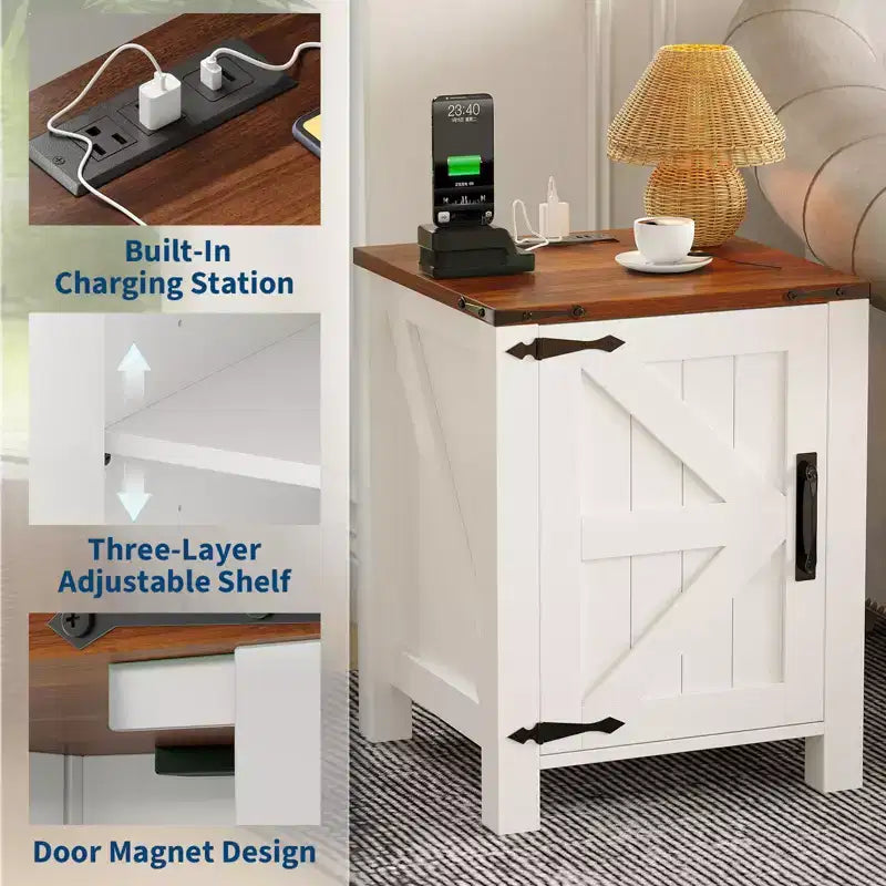 COZONY 18 Rustic Bedside Table with Sliding Barn Door, Adjustable Shelf End Table for Bedroom