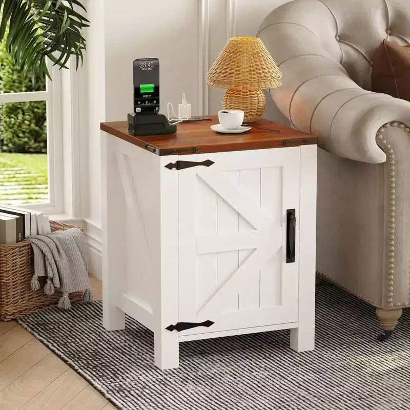 COZONY 18 Rustic Bedside Table with Sliding Barn Door, Adjustable Shelf End Table for Bedroom