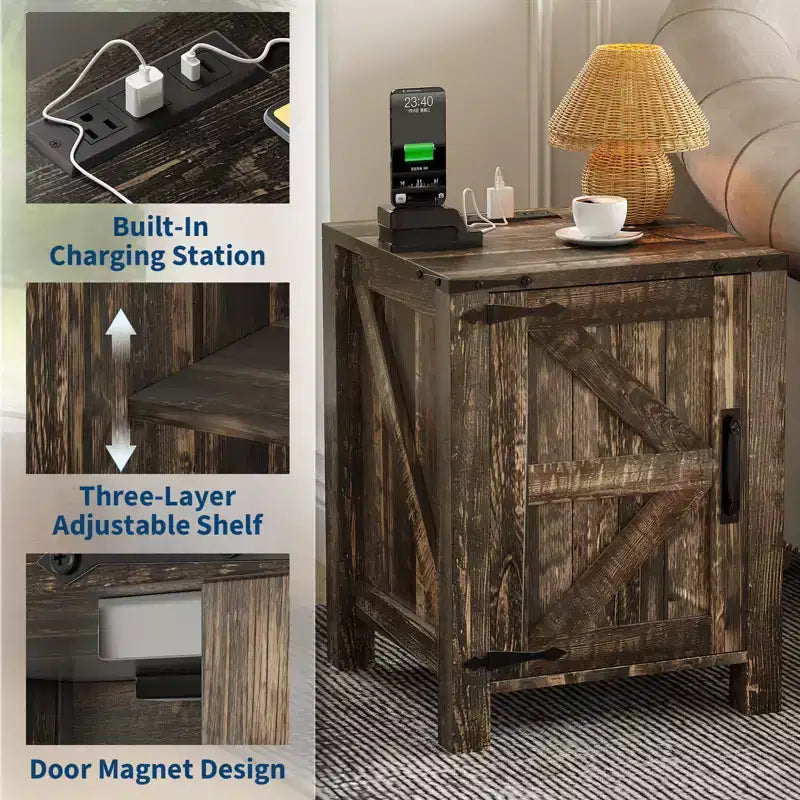 COZONY 18 Rustic Bedside Table with Sliding Barn Door, Adjustable Shelf End Table for Bedroom