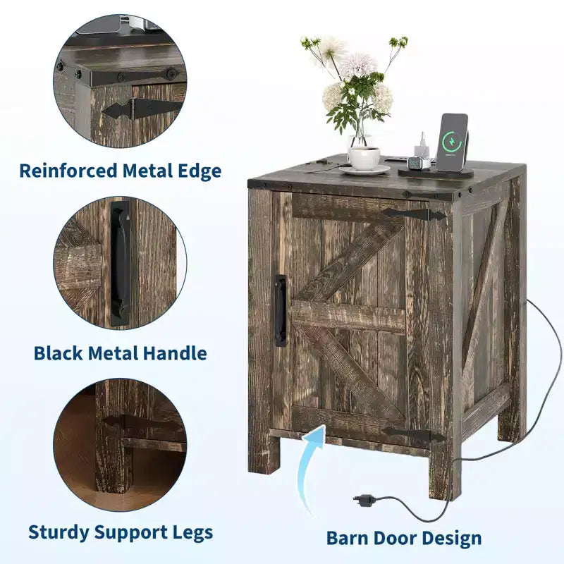 COZONY 18 Rustic Bedside Table with Sliding Barn Door, Adjustable Shelf End Table for Bedroom