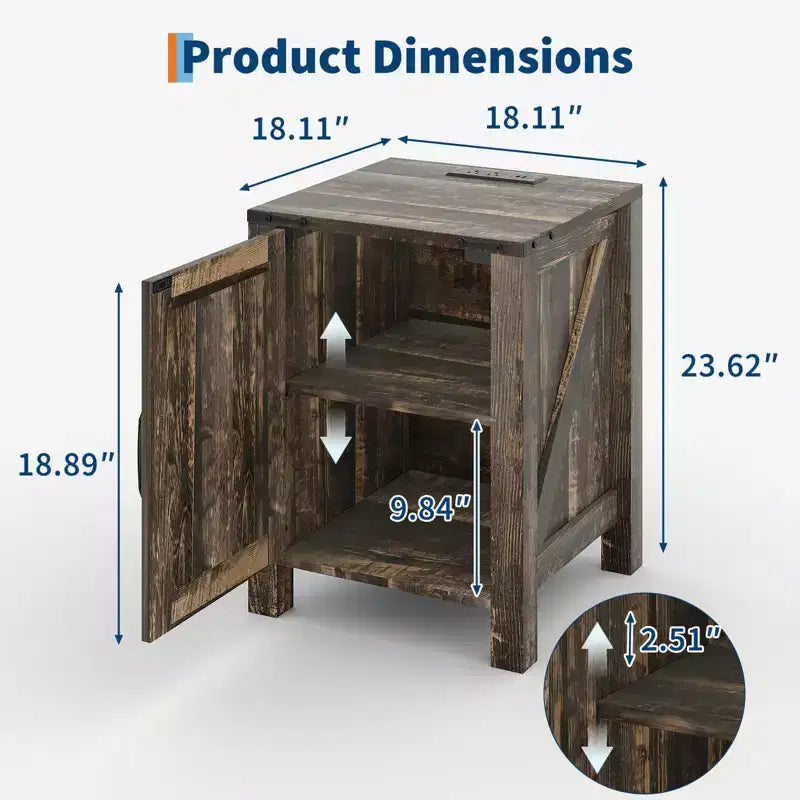 COZONY 18 Rustic Bedside Table with Sliding Barn Door, Adjustable Shelf End Table for Bedroom