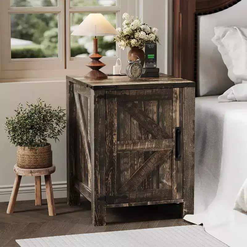 COZONY 18 Rustic Bedside Table with Sliding Barn Door, Adjustable Shelf End Table for Bedroom