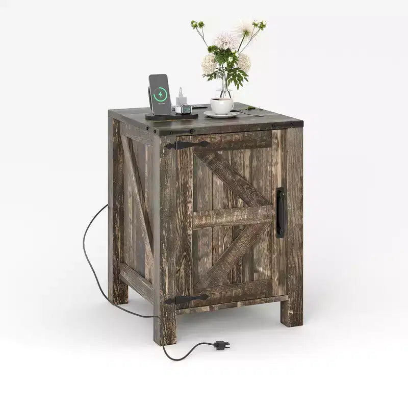 COZONY 18 Rustic Bedside Table with Sliding Barn Door, Adjustable Shelf End Table for Bedroom